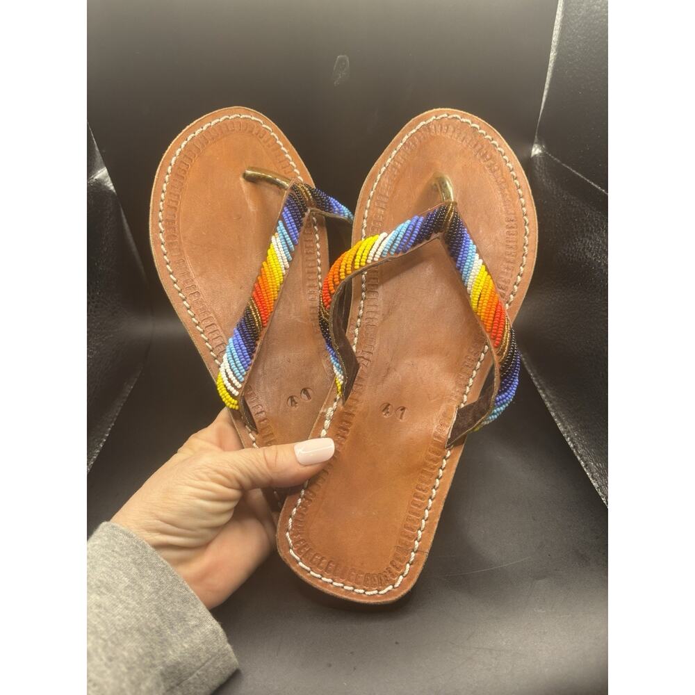 African Handmade Leather Beaded Sandals, 41, 10 US